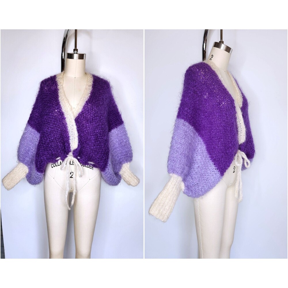 Vintage Hand Knitted Chunky Sweater Cropped Puff Big Sleeves Purple Mohair S M
